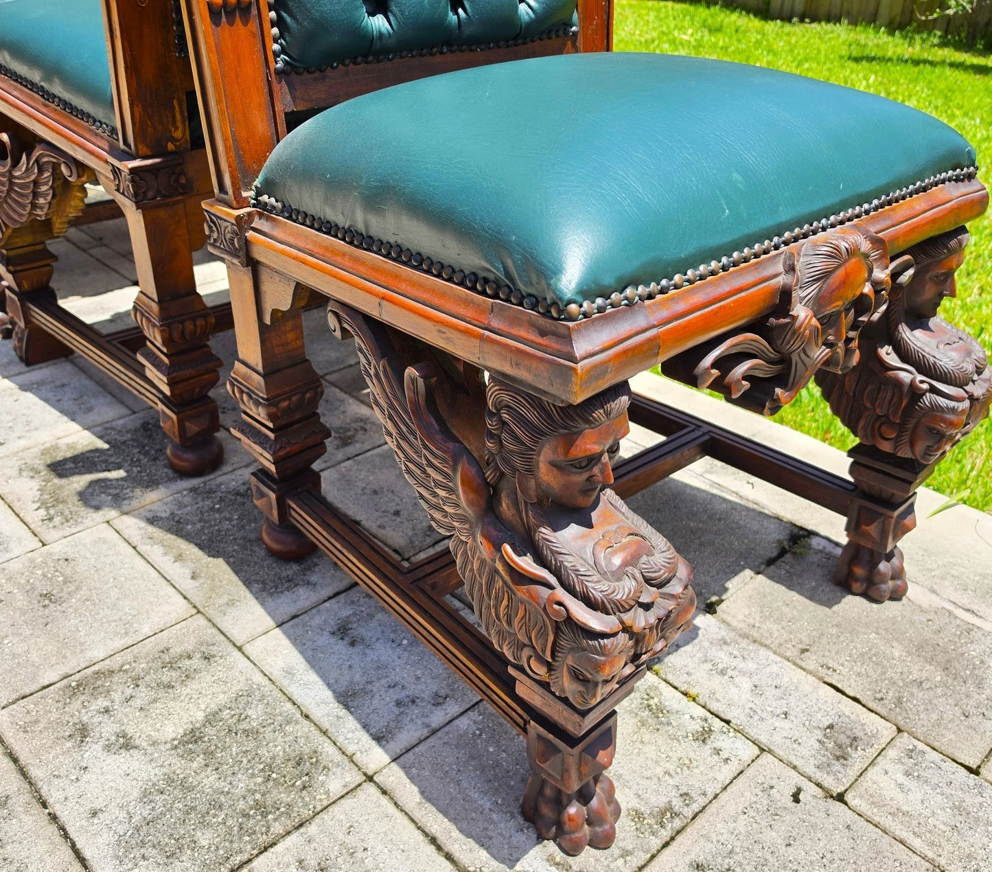 Antique Italian Renaissance Revival Hand Carved Dining Chairs Set of 4