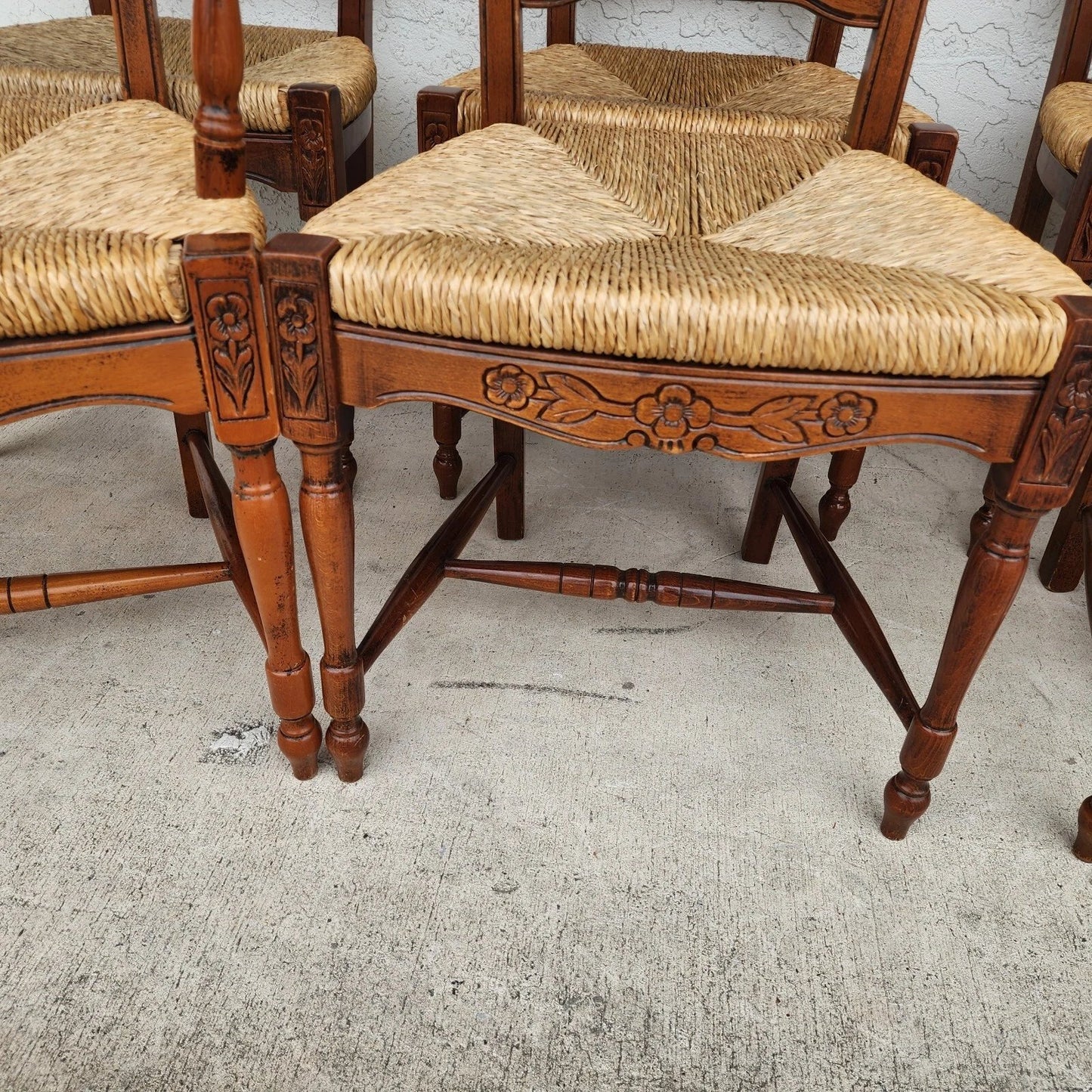 French Country Dining Chairs Rush Seats Wheat Backs with Cushions Set of 8