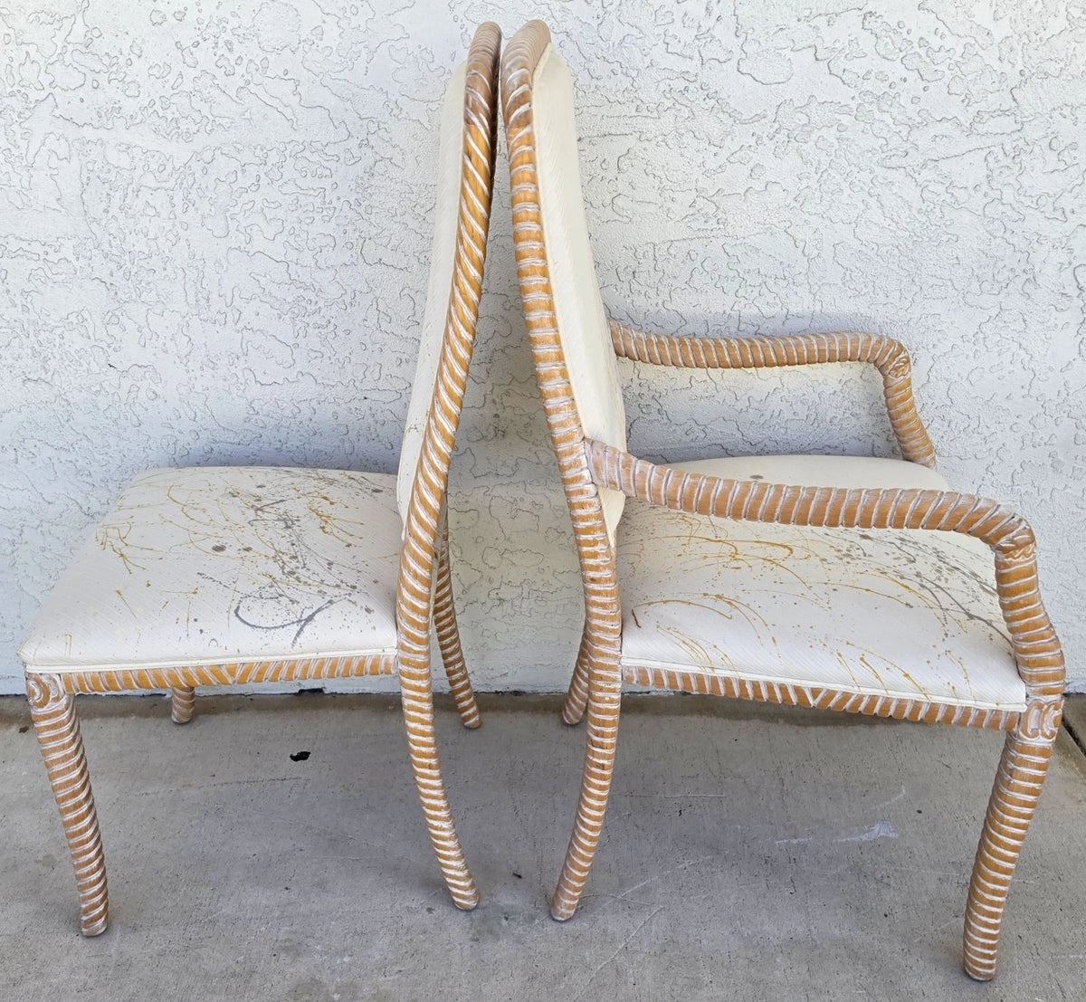 Set of 6 Coastal Carved Rope Solid Wood Dining Chairs With Abstract Upholstery