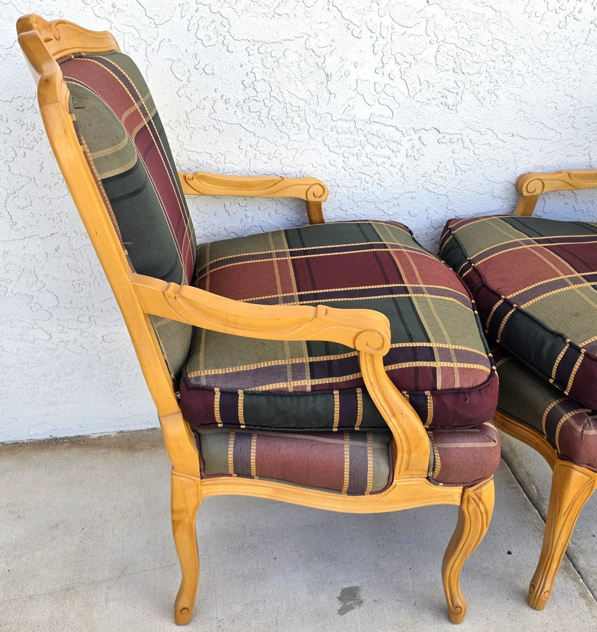 Vintage Louis XV French Provincial Armchairs Plaid Tartan Fauteuil Cabriole Legs
