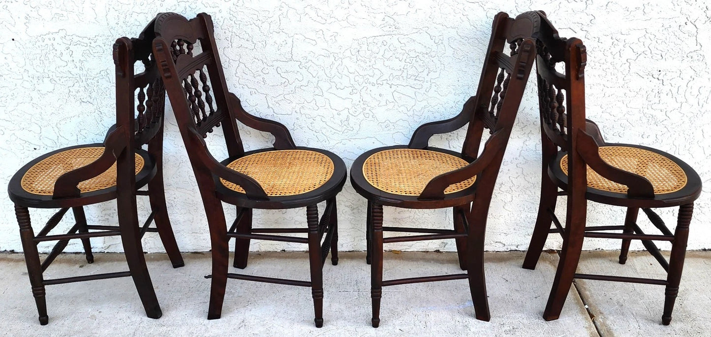 Antique Eastlake Victorian Style Walnut Cane Seat Side Dining Chairs Set of 4