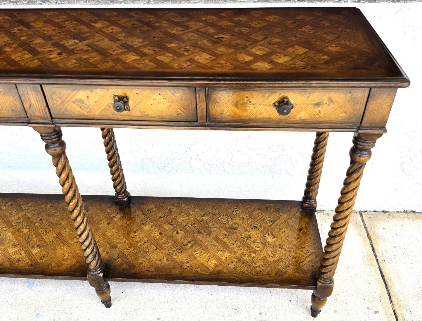 Theodore Alexander Burl Parquetry Console Table with 4 Drawers