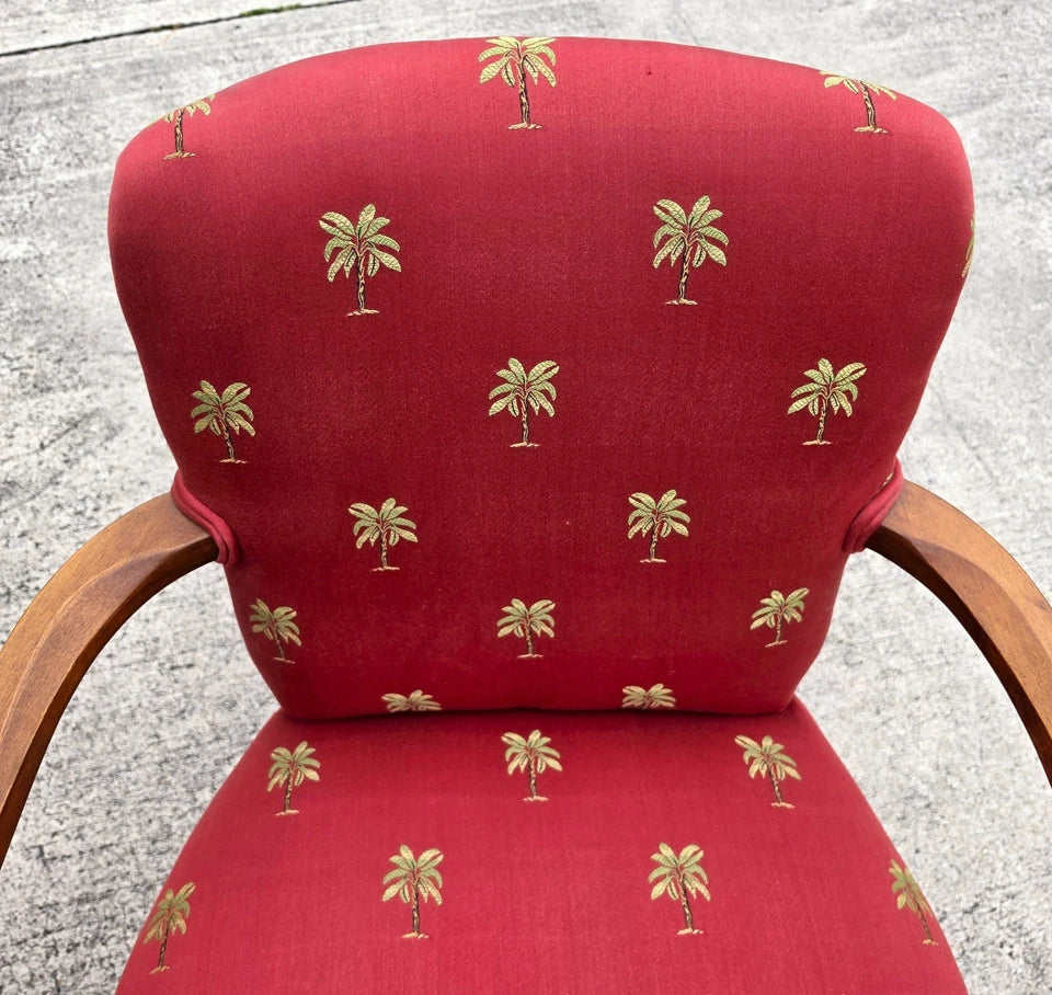 Vintage Queen Anne Gooseneck Armchairs with Palm Tree Upholstery Pair