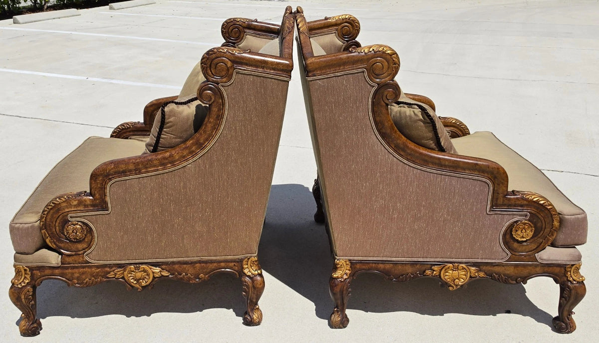 Marge Carson Style French Louis XV Ornate Caved Settees Loveseats Pair