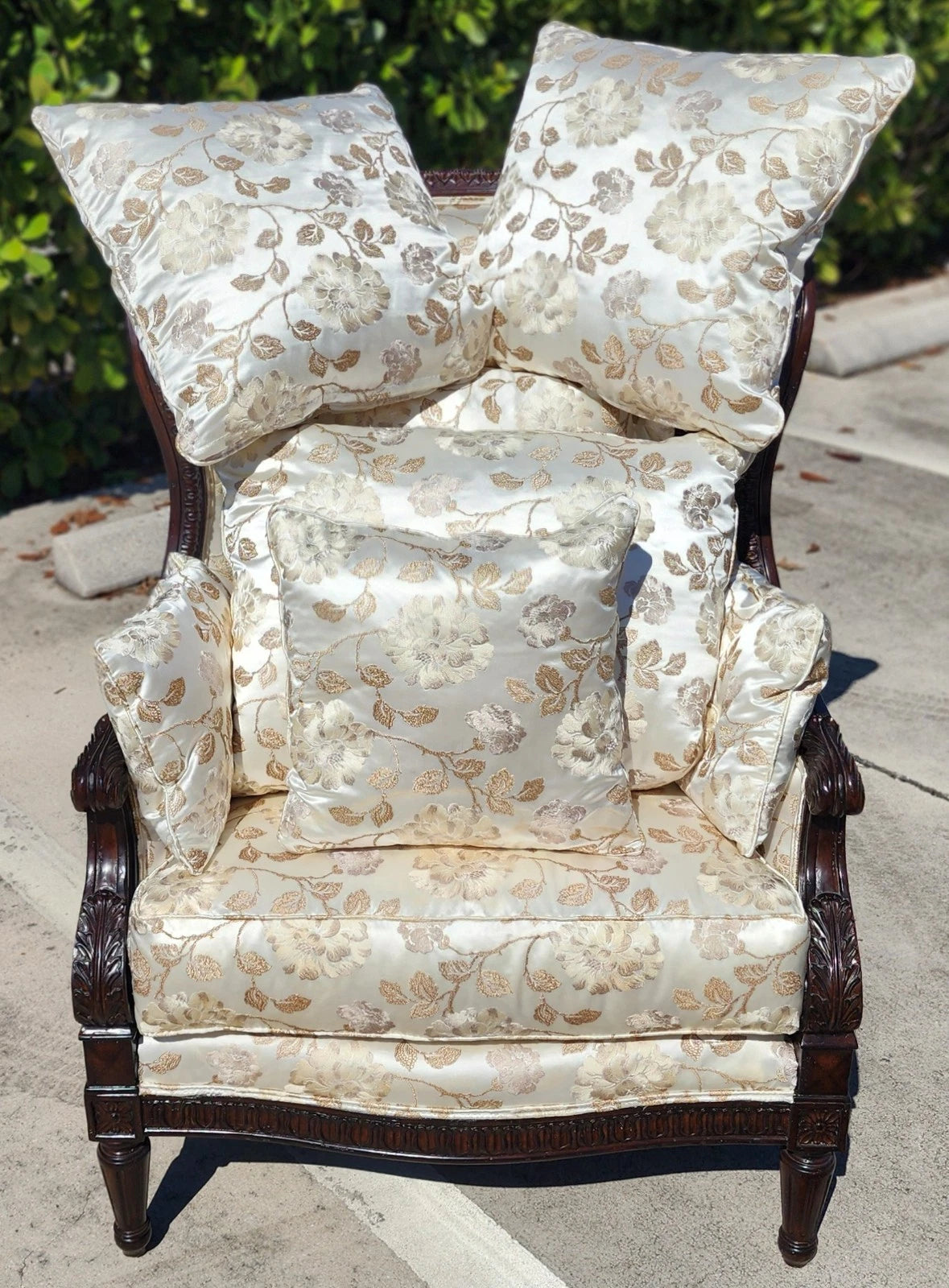 Marge Carson Wingback Chair Embroidered Silk with 7 Pillows