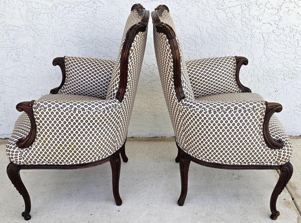 Pair of Antique French Provincial Louis XV Walnut Bergere Armchairs