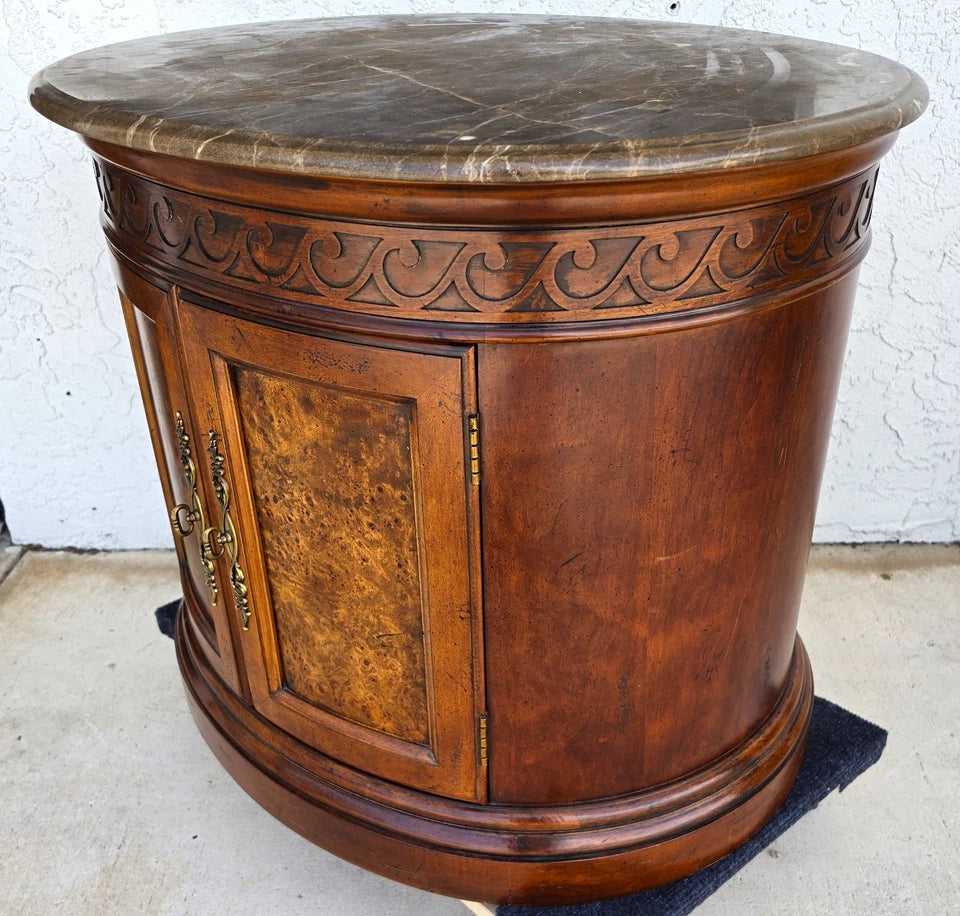 Henredon Style Mahogany & Marble Drum Center Side Bedside Table