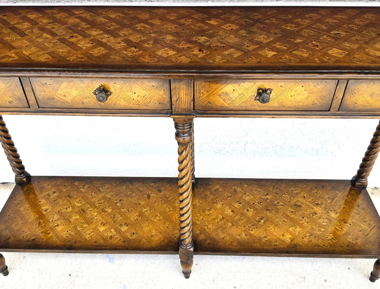 Theodore Alexander Burl Parquetry Console Table with 4 Drawers