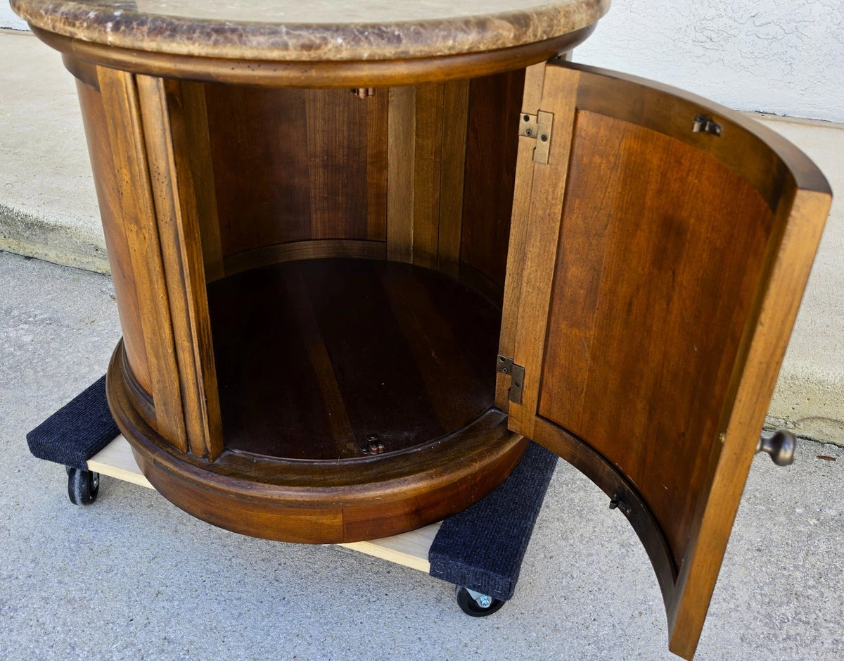 Vintage Round Brown Marble Top Drum Side Center Table With Storage Cabinet