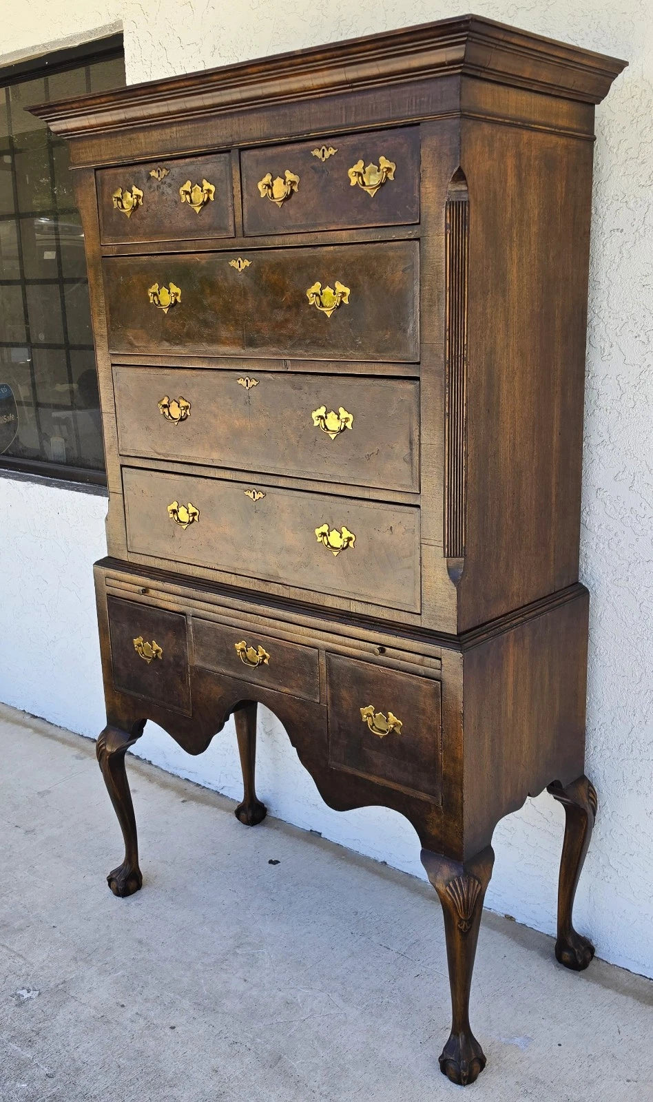 Antique Walnut Highboy Dresser Desk With Pullout Writing Surface