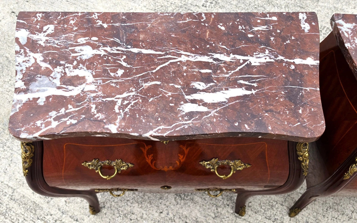 Pair of French Louis XV Style Bombe Commodes Bedside Tables Nightstands