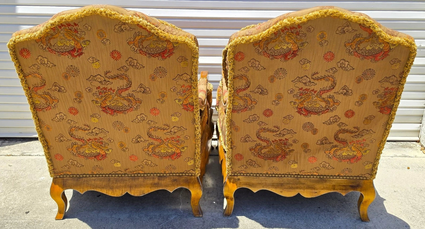 Classics French Louis XV Bergère Armchairs Chinoiserie Fabric Down Cushions