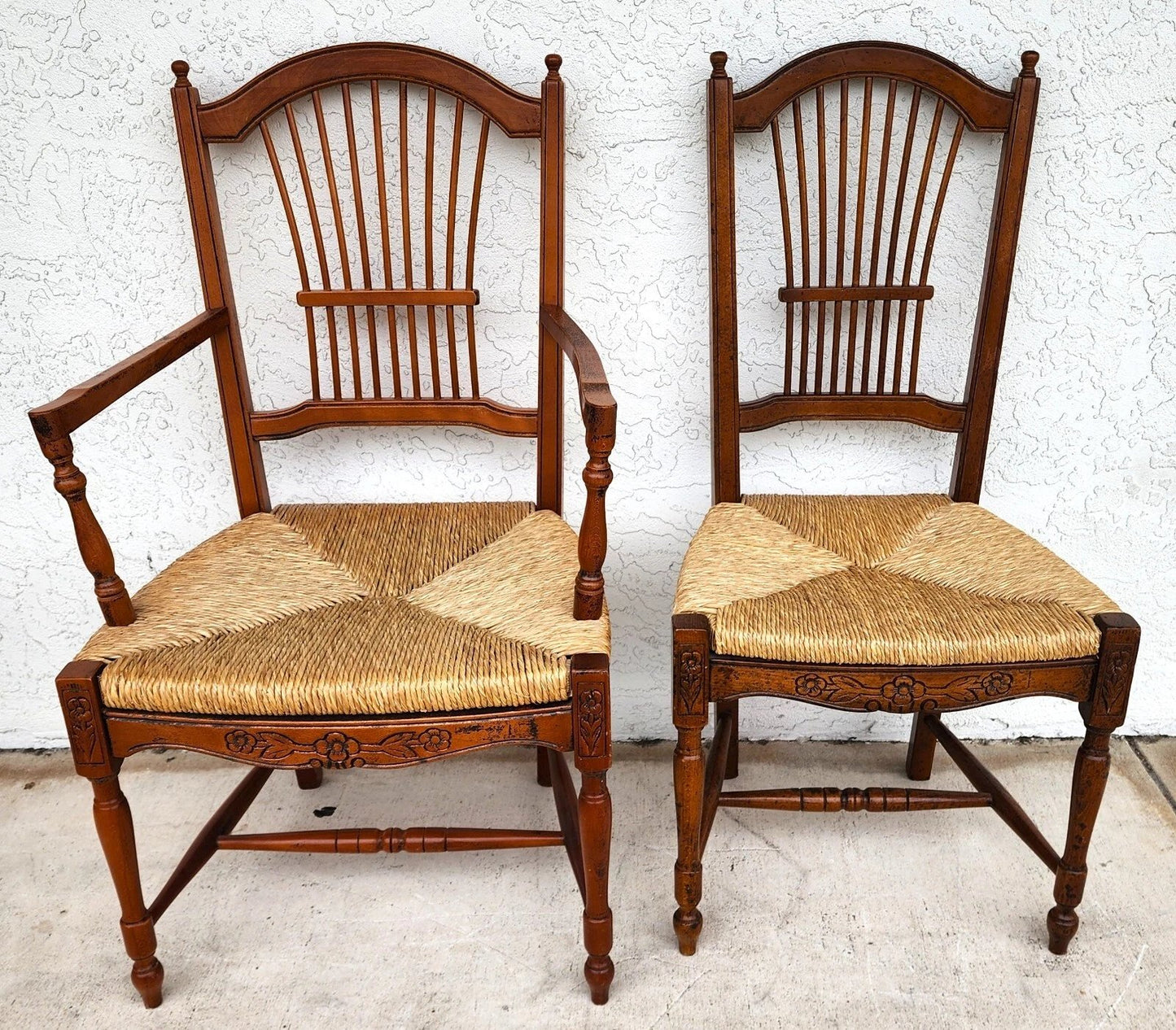 French Country Dining Chairs Rush Seats Wheat Backs with Cushions Set of 8