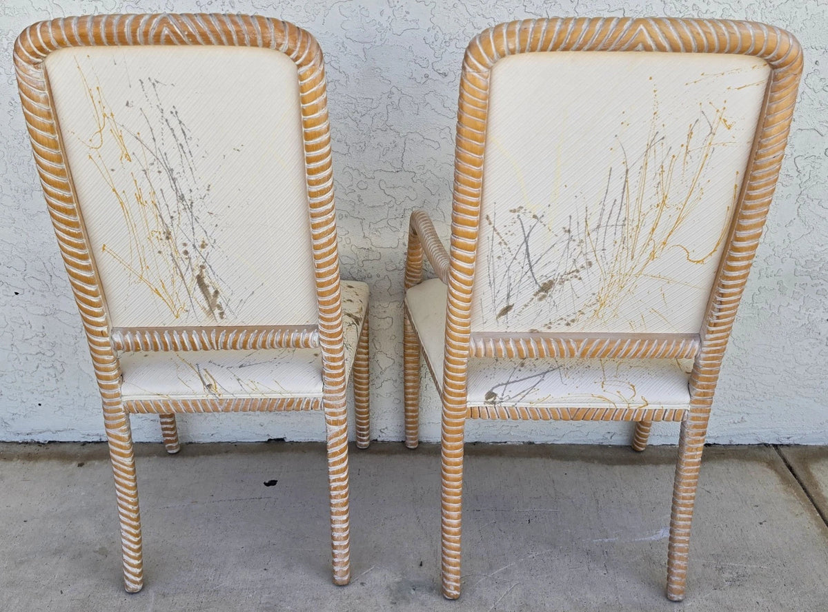 Set of 6 Coastal Carved Rope Solid Wood Dining Chairs With Abstract Upholstery