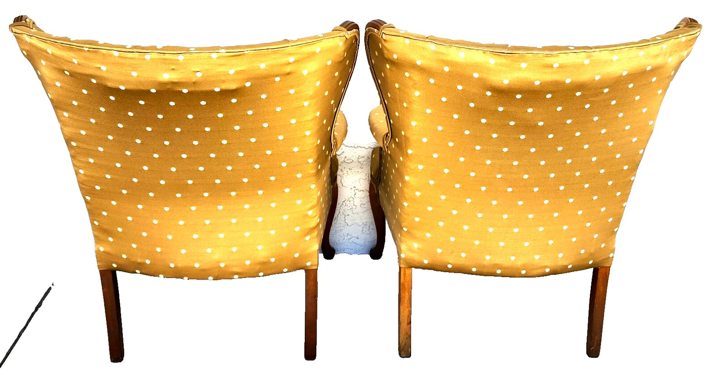 Vintage Queen Anne Channel Wingback Armchairs Pair