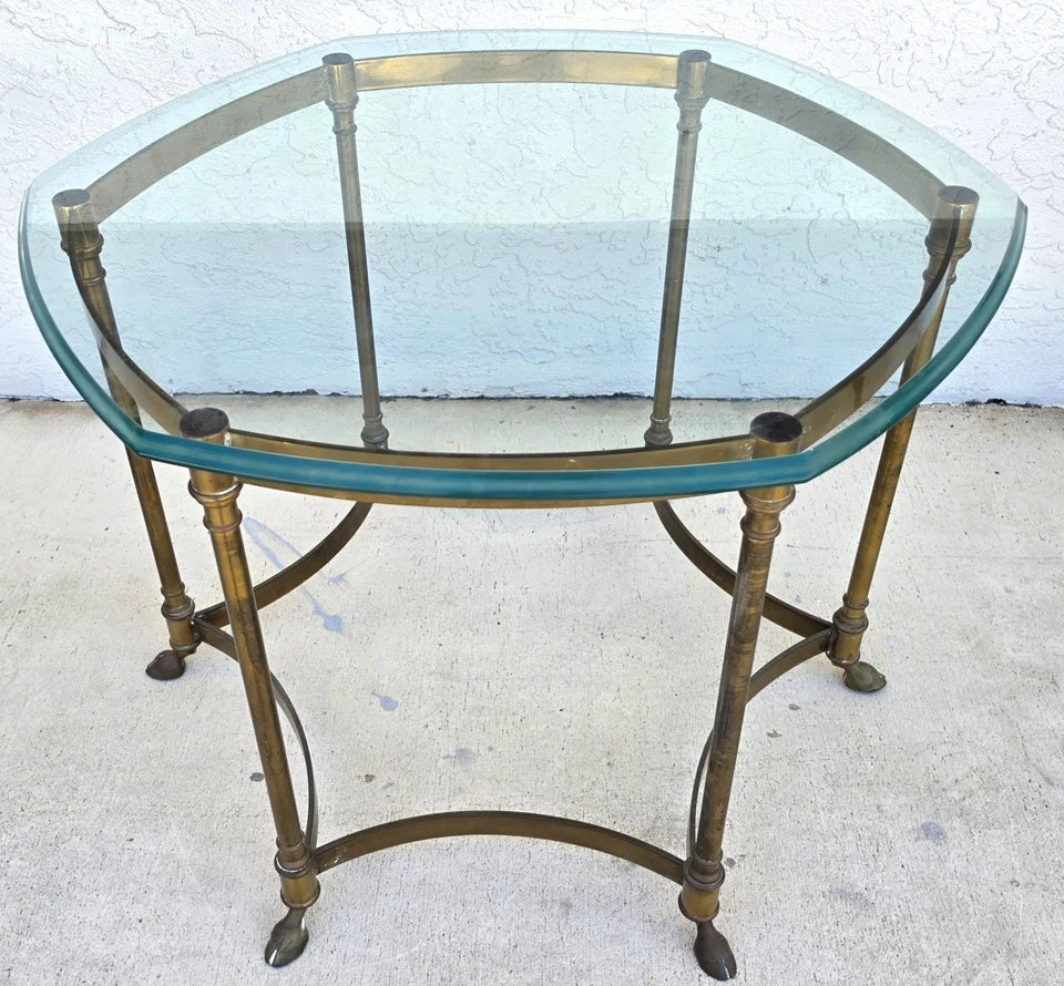 Vintage Labarge Side Table Brass Glass Hoof Footed Octagonal