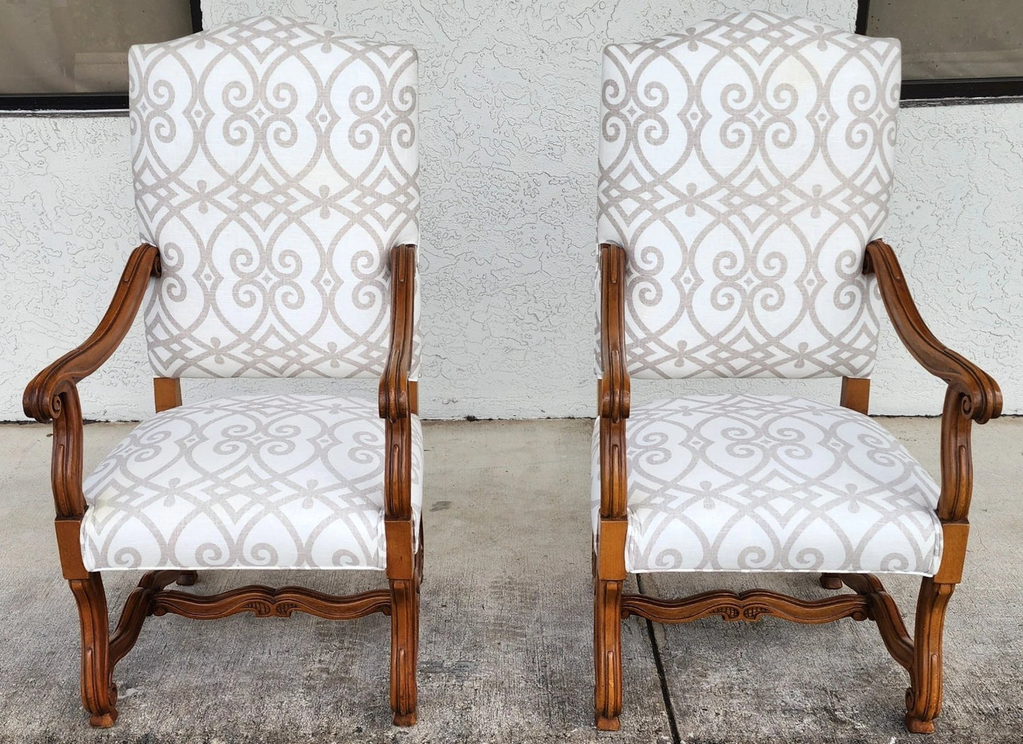 French Louis XIII Os de Mouton Linen Armchairs Pair