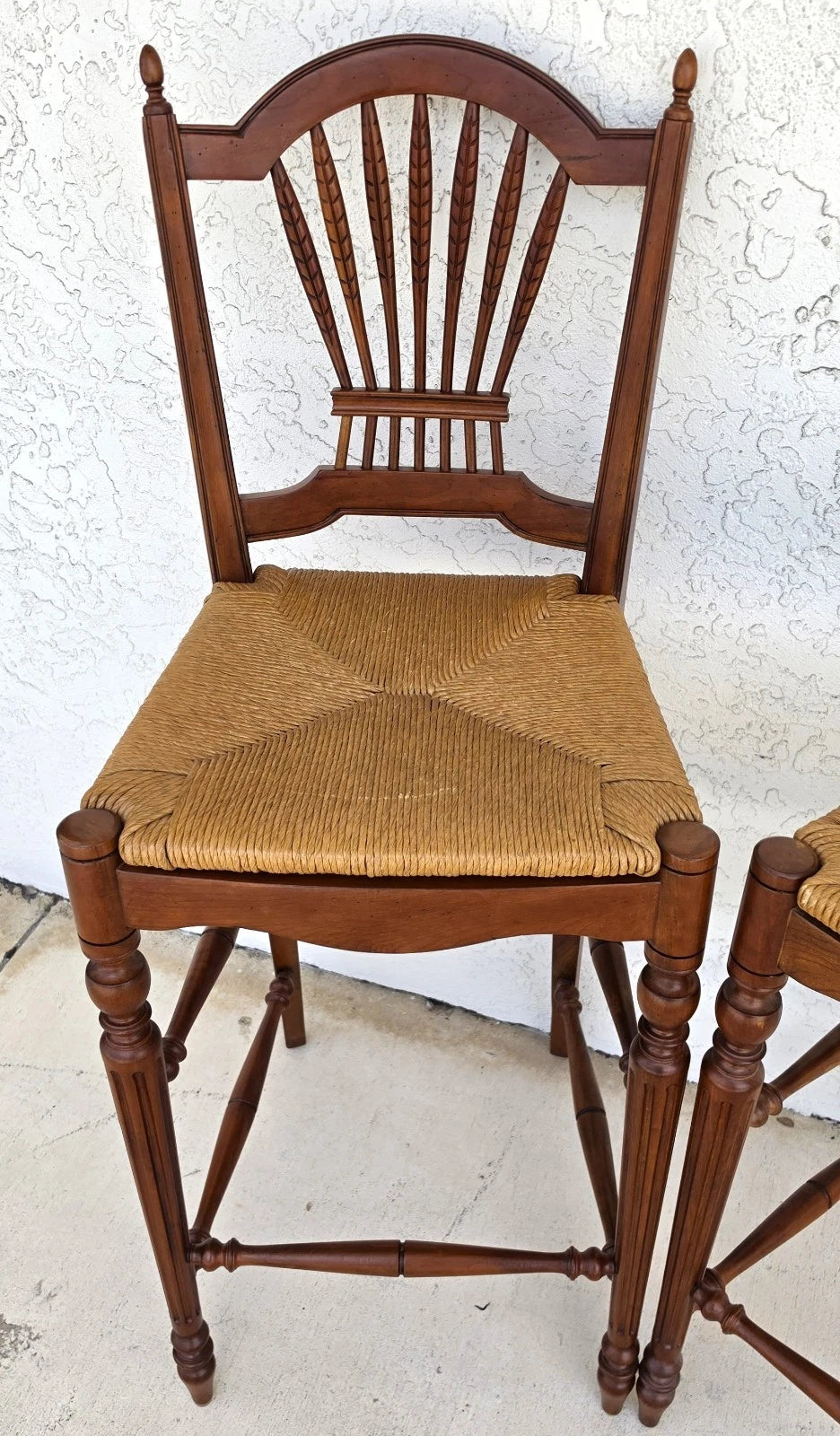 Ethan Allen Country French Wheat Sheaf Back Rush Seat Bar Stools Set of 2