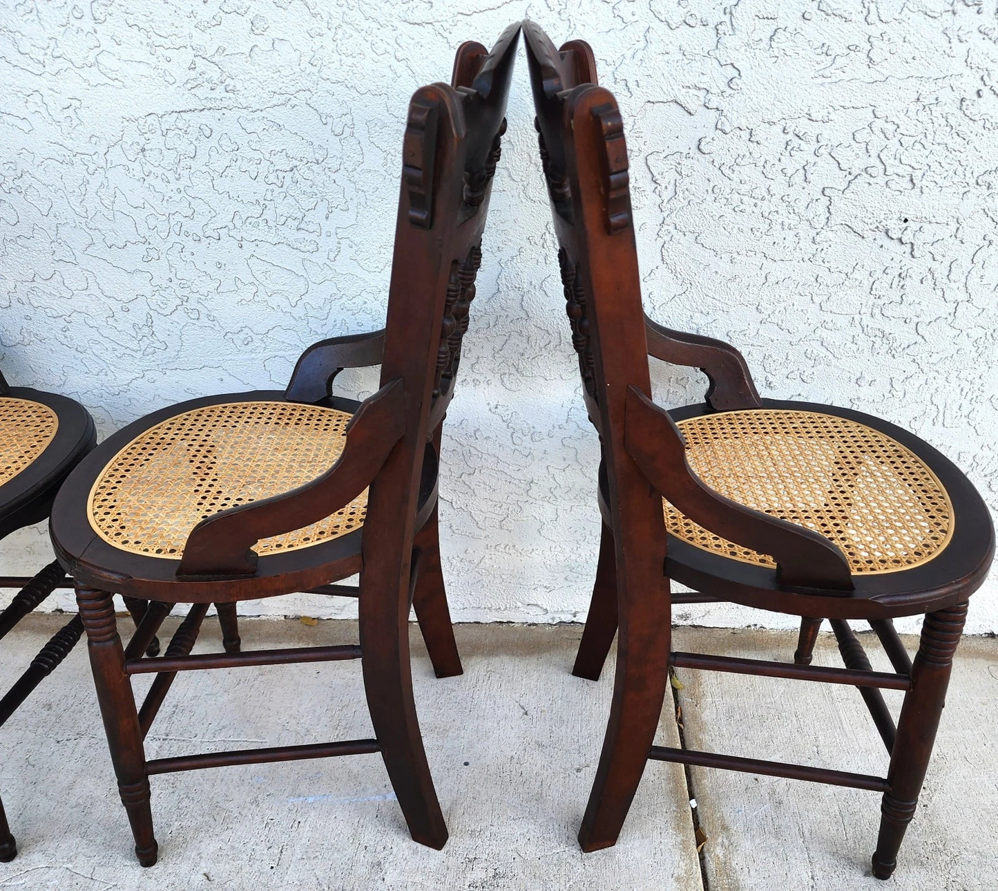Antique Eastlake Victorian Style Walnut Cane Seat Side Dining Chairs Set of 4