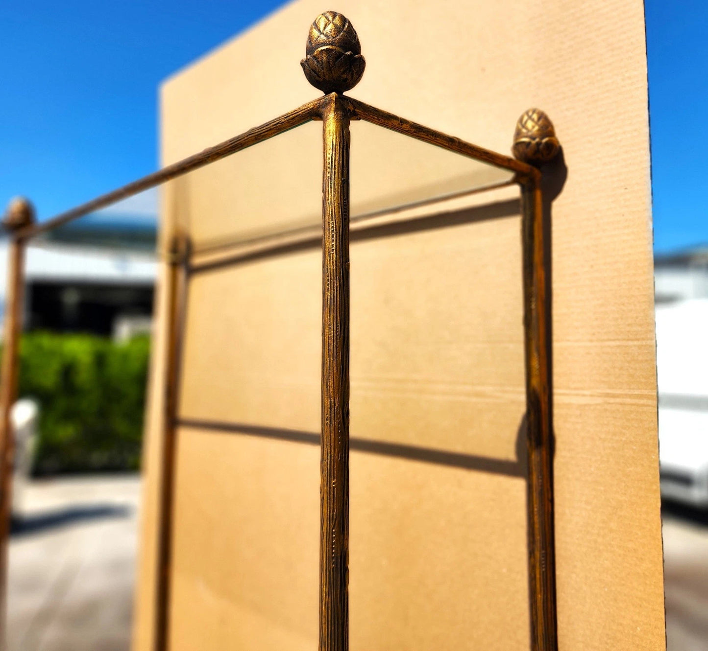 Gilt Iron & Glass Faux Bois Étagère Bookcase Shelf Mid Century