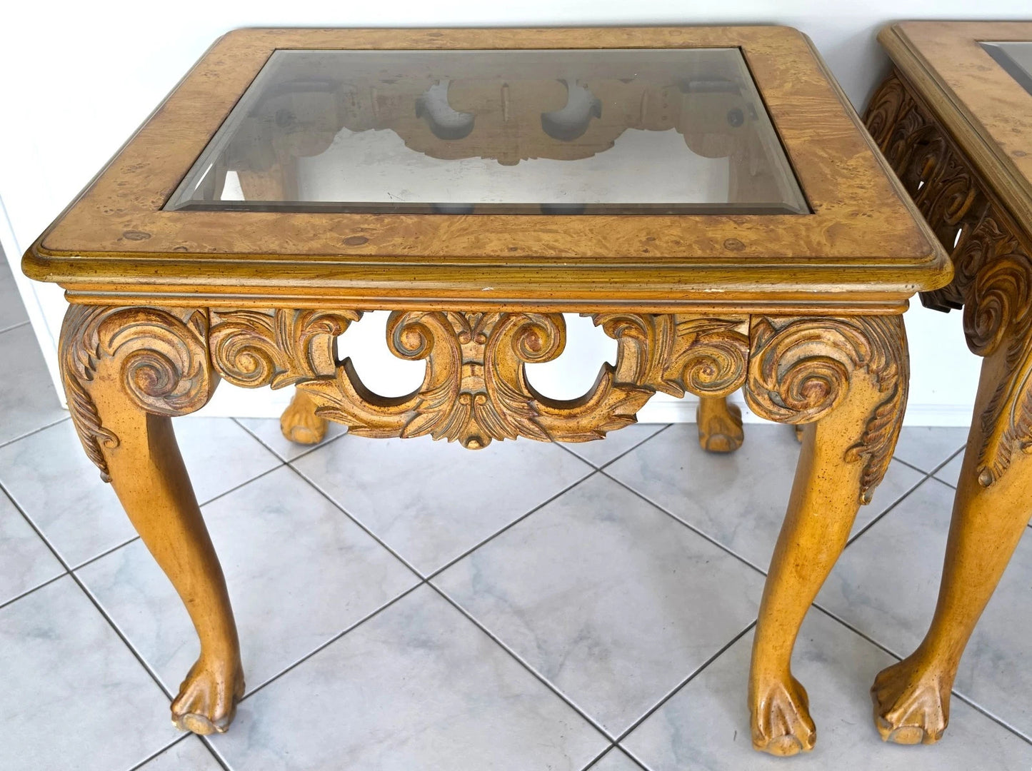Chippendale Queen Ann Revival Style Solid Wood Side End Tables A Pair