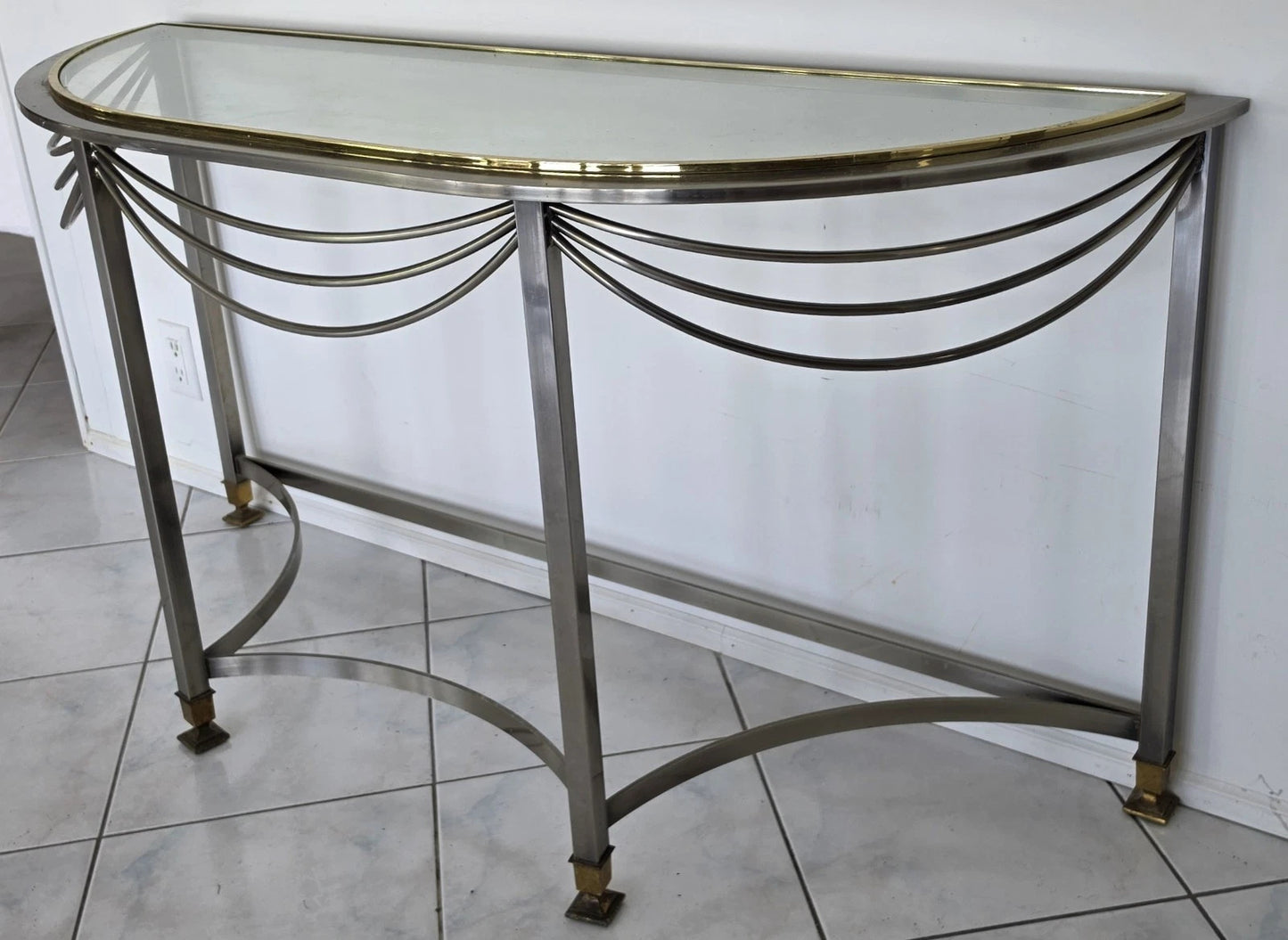 Vintage Hollywood Regency Demilune Chrome & Brass Console Table
