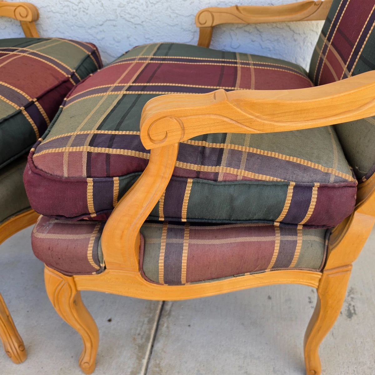 Vintage Louis XV French Provincial Armchairs Plaid Tartan Fauteuil Cabriole Legs
