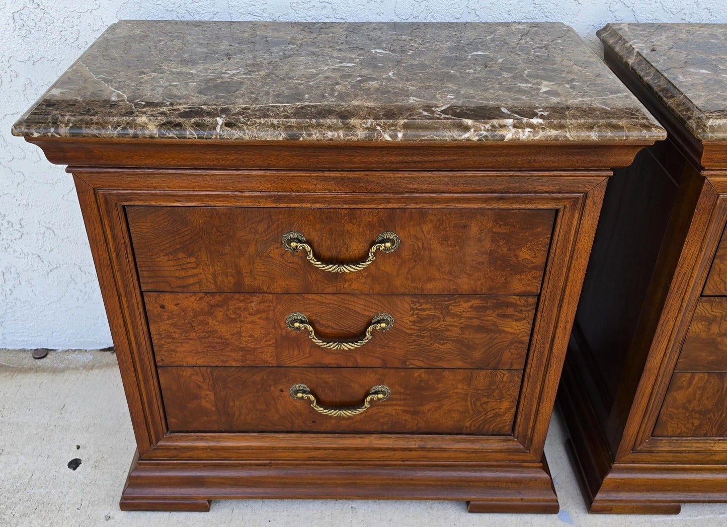 Thomasville Elysee Nightstands Burl and Marble A Pair