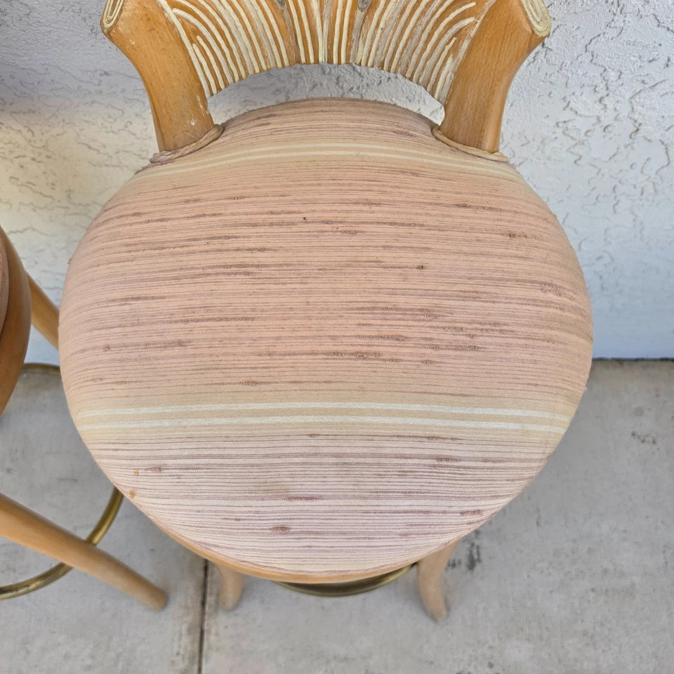 Vintage Venetian Grotto Style Carved Wood Palm Leaf Barstools Set of 2