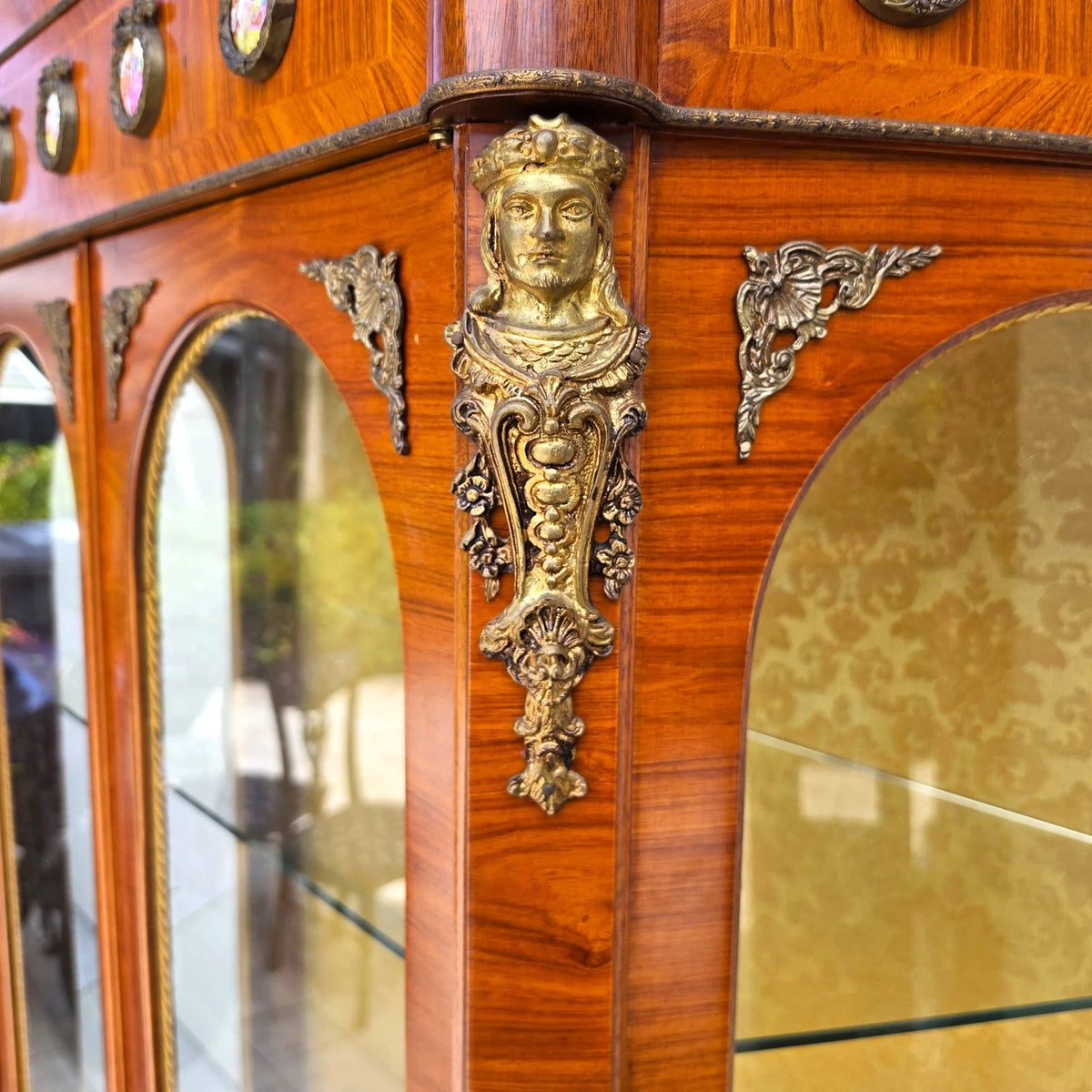 French Louis XV Marquetry Display Cabinet Figural Mounts Porcelain Medallions