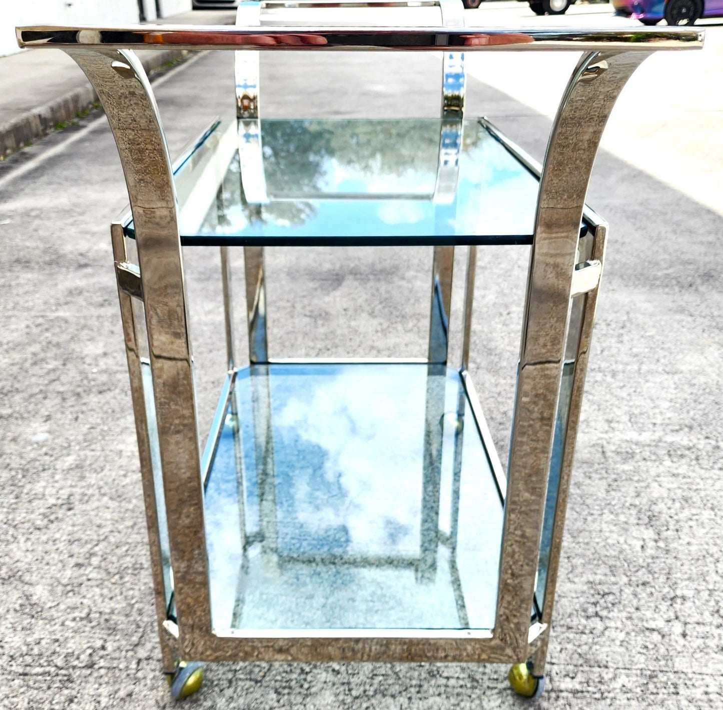 MCM Milo Baughman Style Chrome Bar Serving Cart 1970s