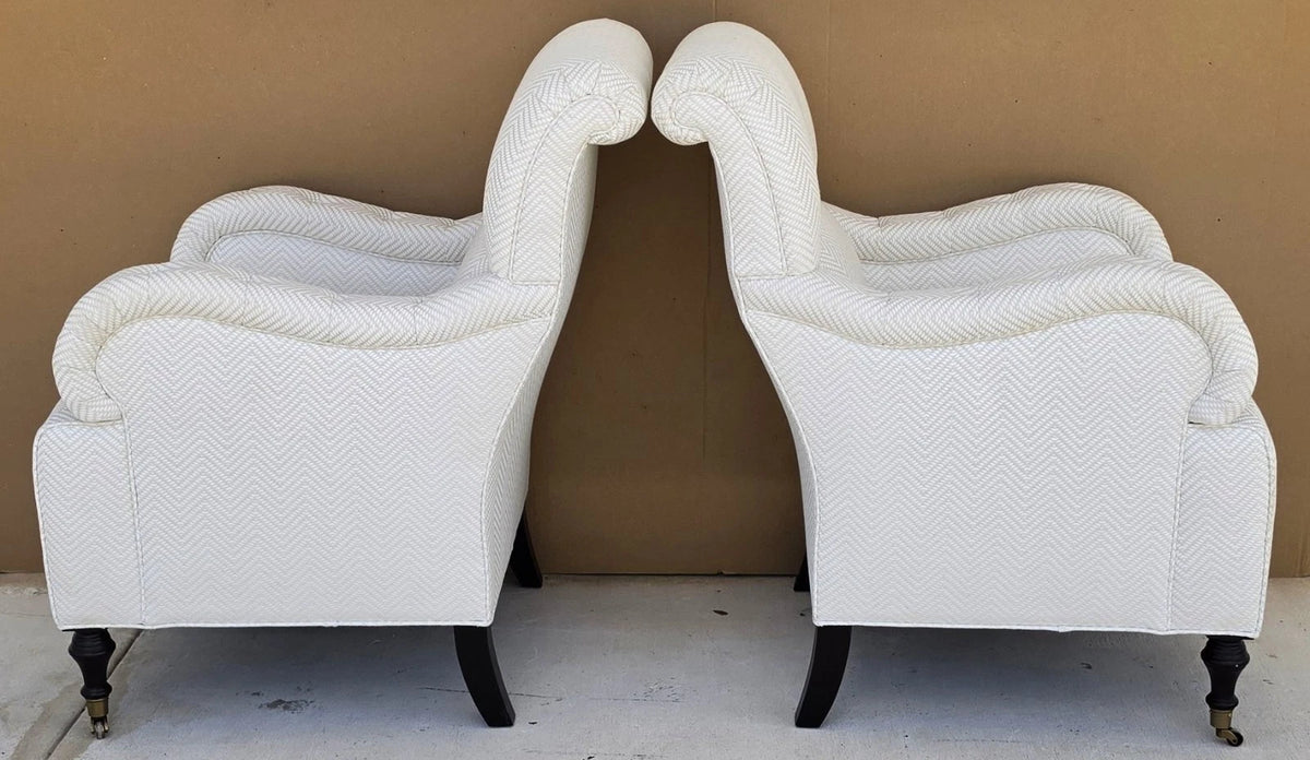 Pair Baker English Country Scroll Arm Lounge Chairs Tufted Herringbone Casters