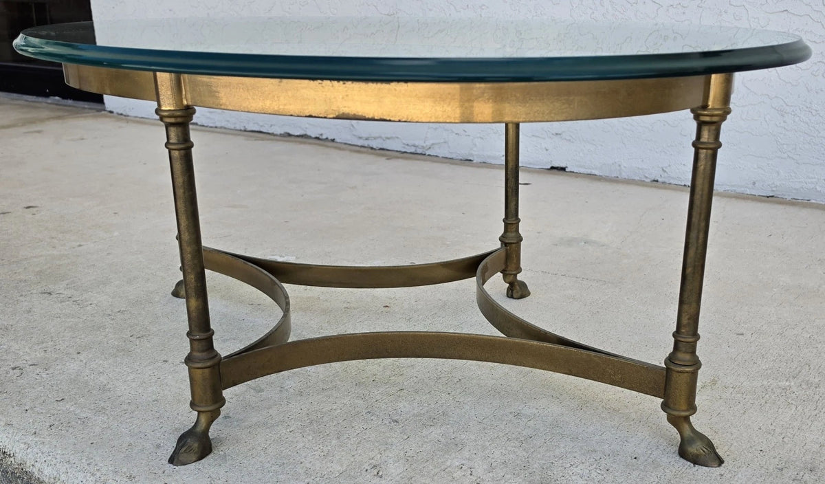 Vintage LaBarge Oval Brass Hoof Footed Glass Top Coffee Table Neoclassical