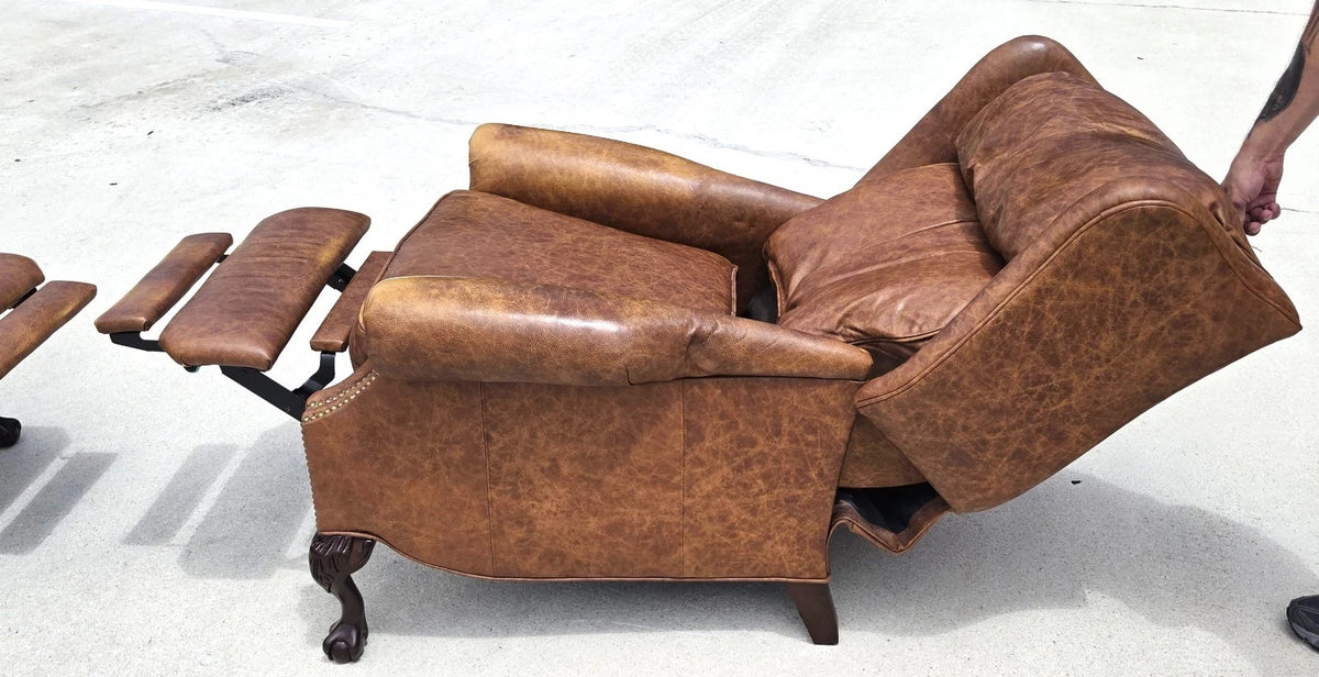 Vintage MOTIONCRAFT Chippendale Leather Wingback Recliners Ball & Claw Pair