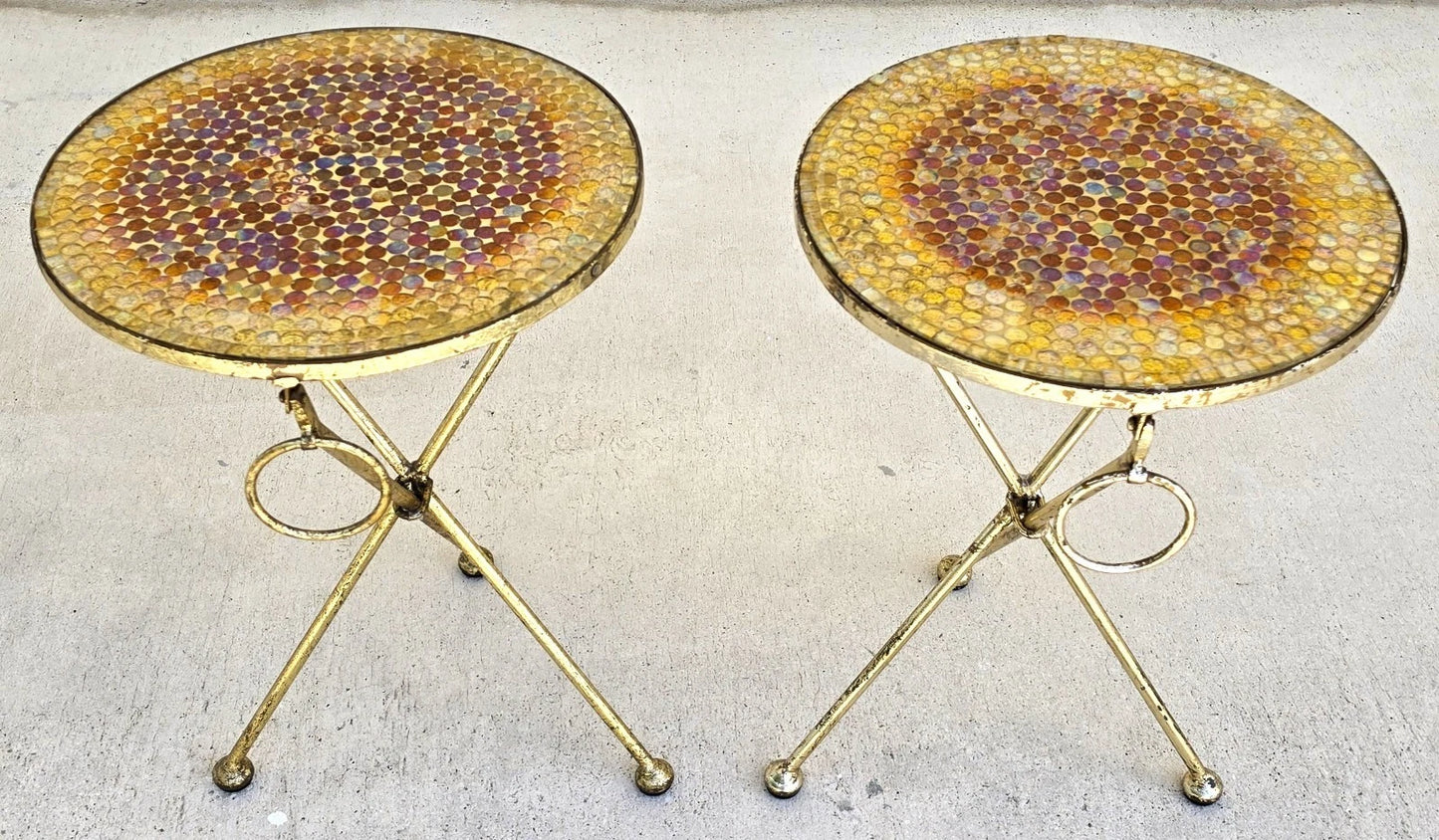 Italian Gold Gilt Folding Mosaic Side Drink Tables 1960s Pair