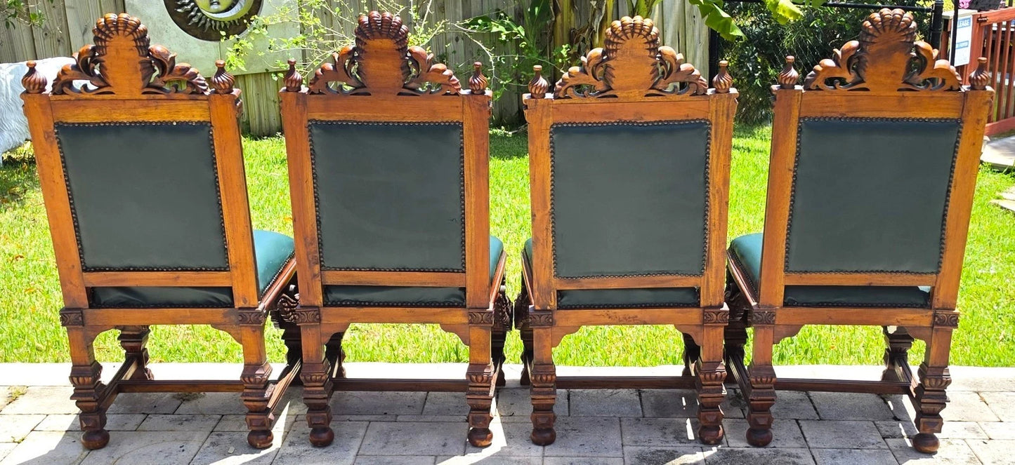 Antique Italian Renaissance Revival Hand Carved Dining Chairs Set of 4