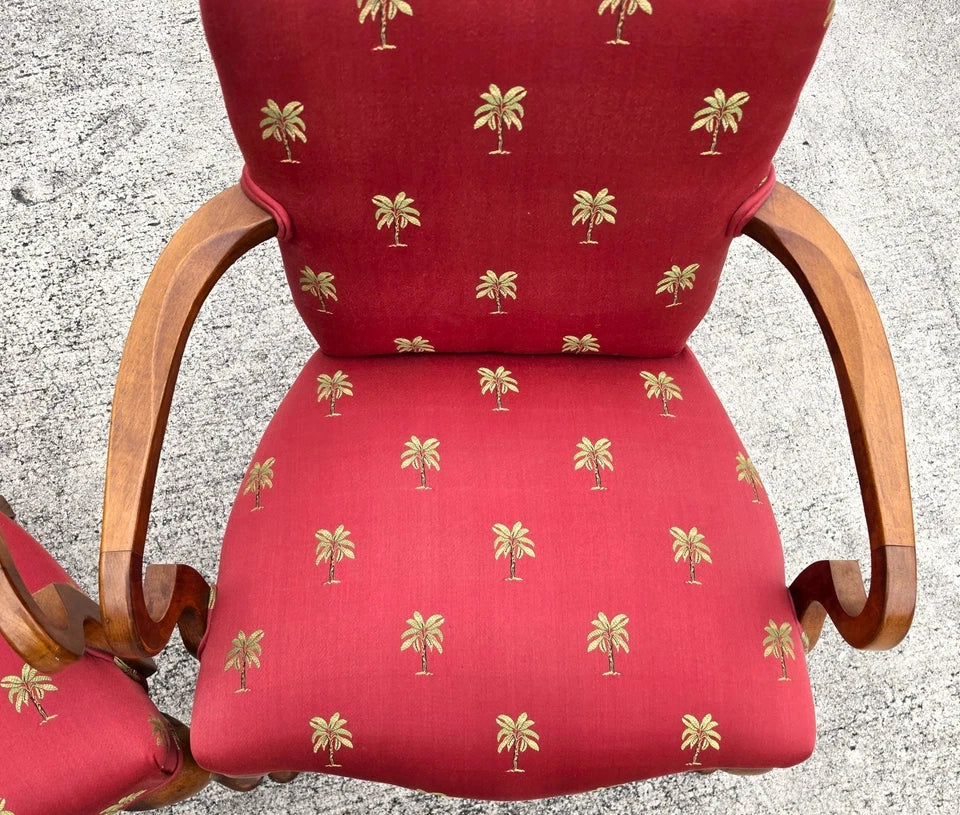 Vintage Queen Anne Gooseneck Armchairs with Palm Tree Upholstery Pair