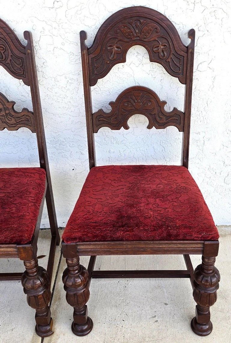 Antique English Oak Tudor Jacobean Dining Chairs 1930's Set of 4