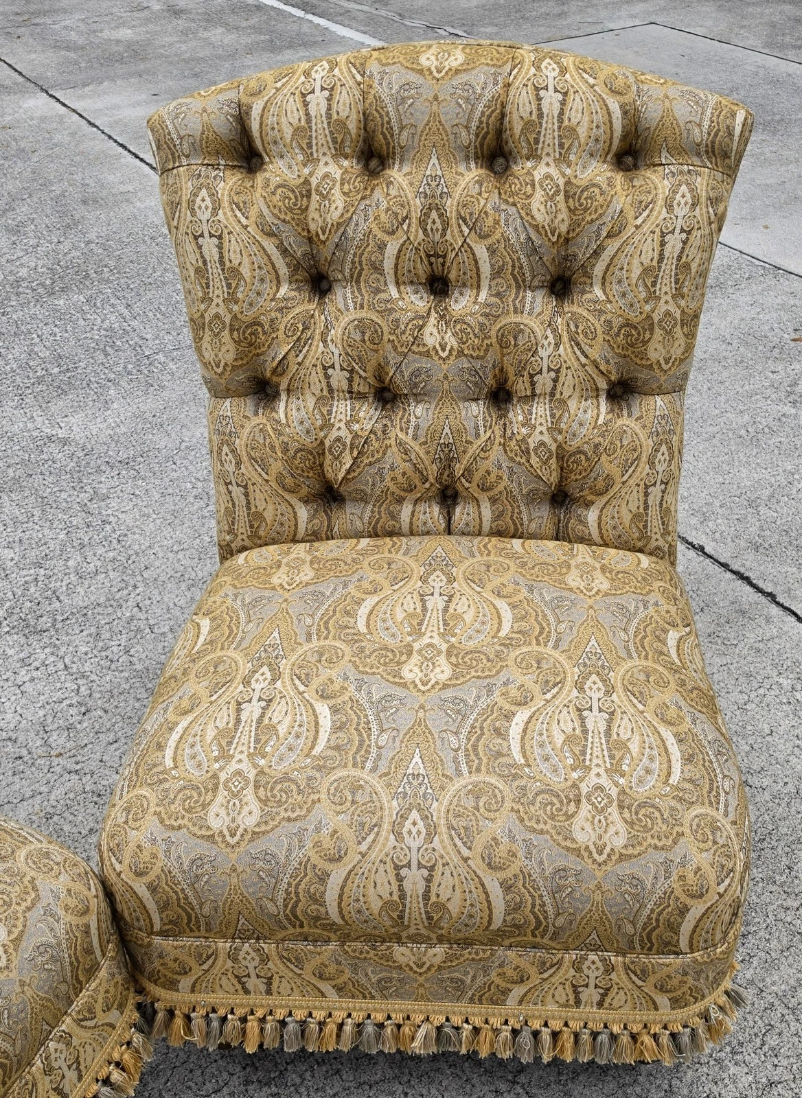 Vintage Hollywood Regency French Tufted Designer Slipper Lounge Chairs Pair