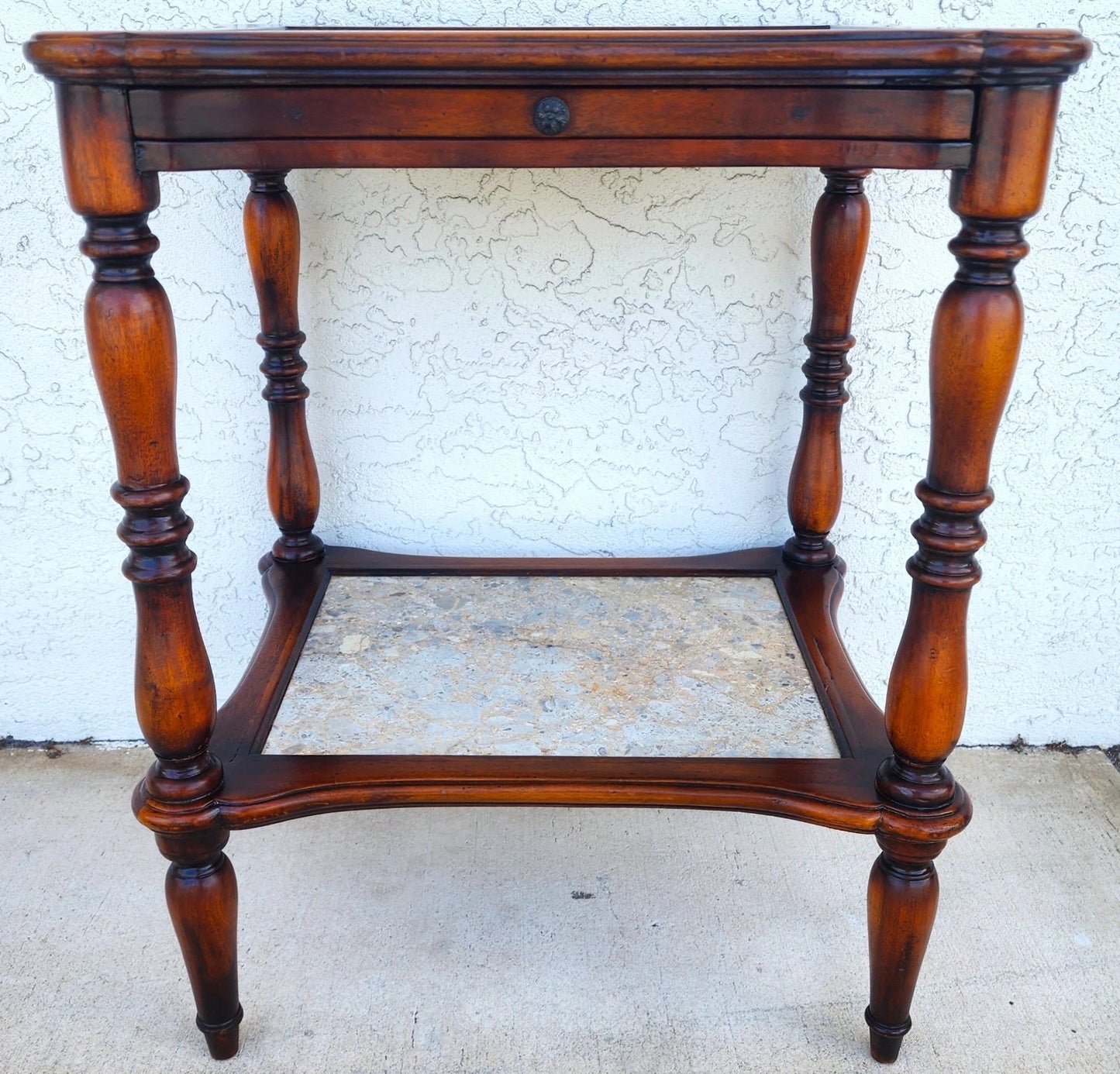 Theodore Alexander 2 Tier Mahogany & Marble Side Lamp Table With Pullout Top