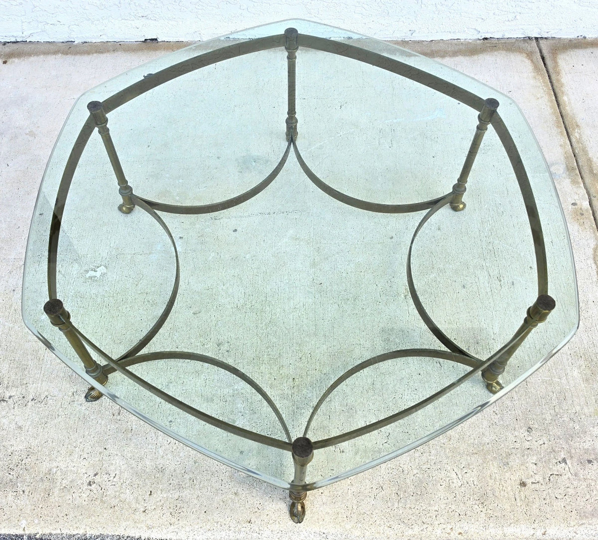 Vintage LaBarge Hexagonal Brass Hoof Footed Glass Top Coffee Table