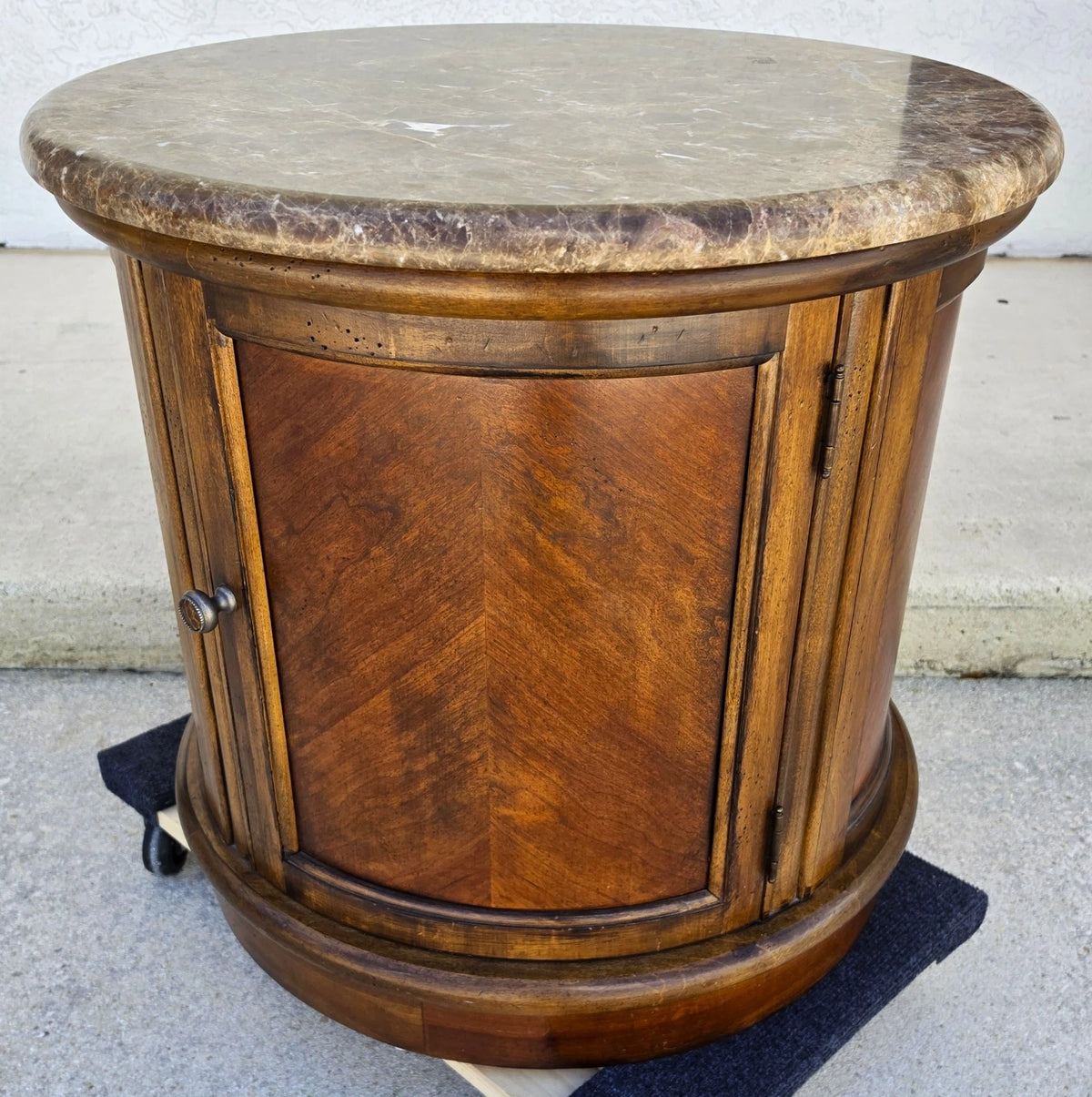 Vintage Round Brown Marble Top Drum Side Center Table With Storage Cabinet