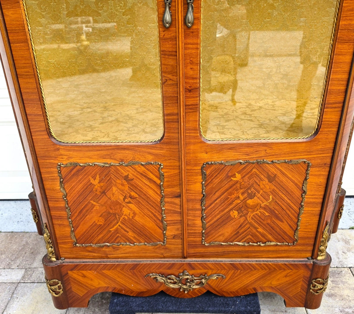 French Louis XV Marquetry Display Cabinet Figural Mounts Porcelain Medallions