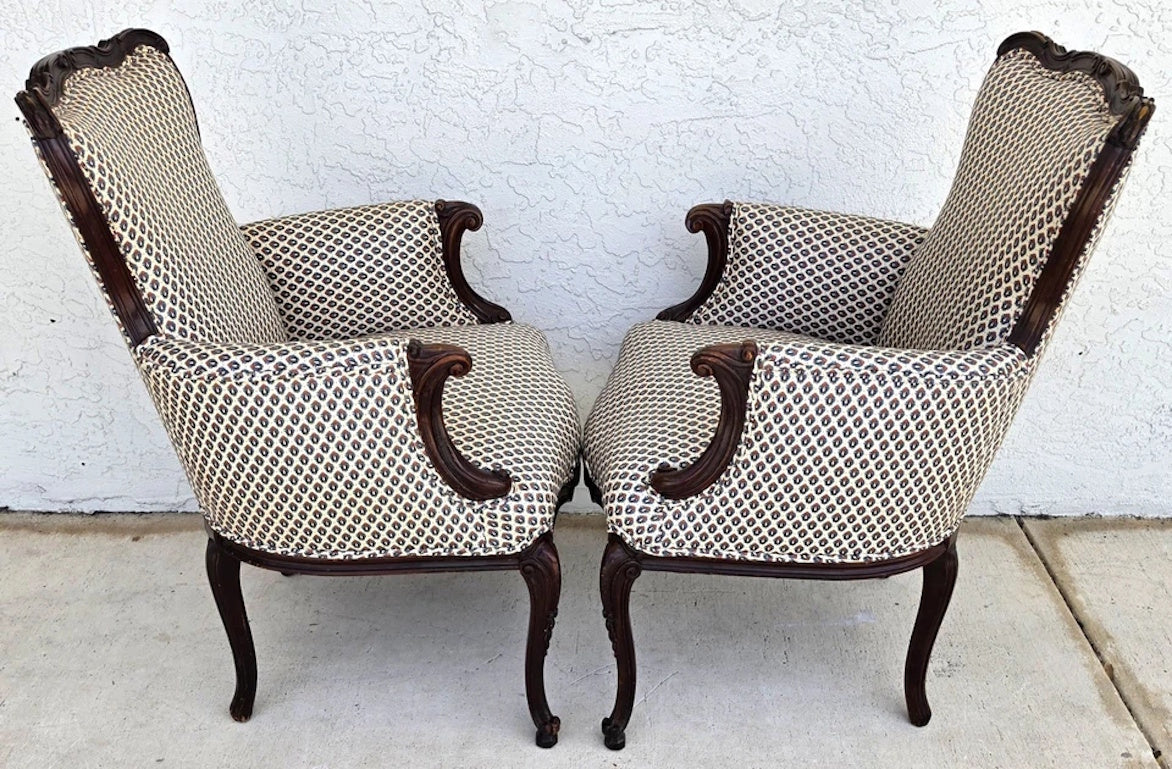 Pair of Antique French Provincial Louis XV Walnut Bergere Armchairs