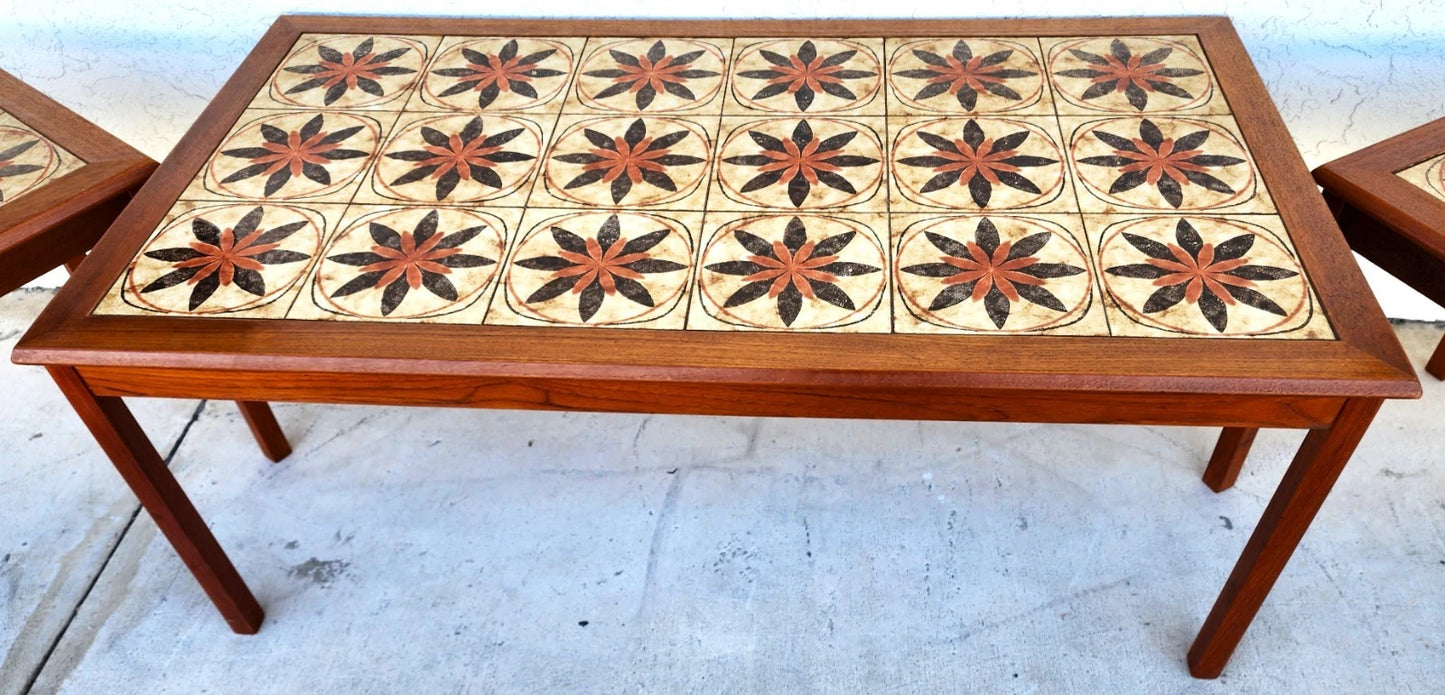 MCM Danish Teak & Tile Coffee & Side Tables 1960s Set of 3