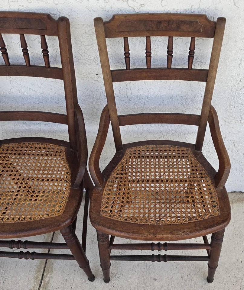 Antique Walnut Victorian Spindle Back Cane Seat Dining Chairs Set of 6