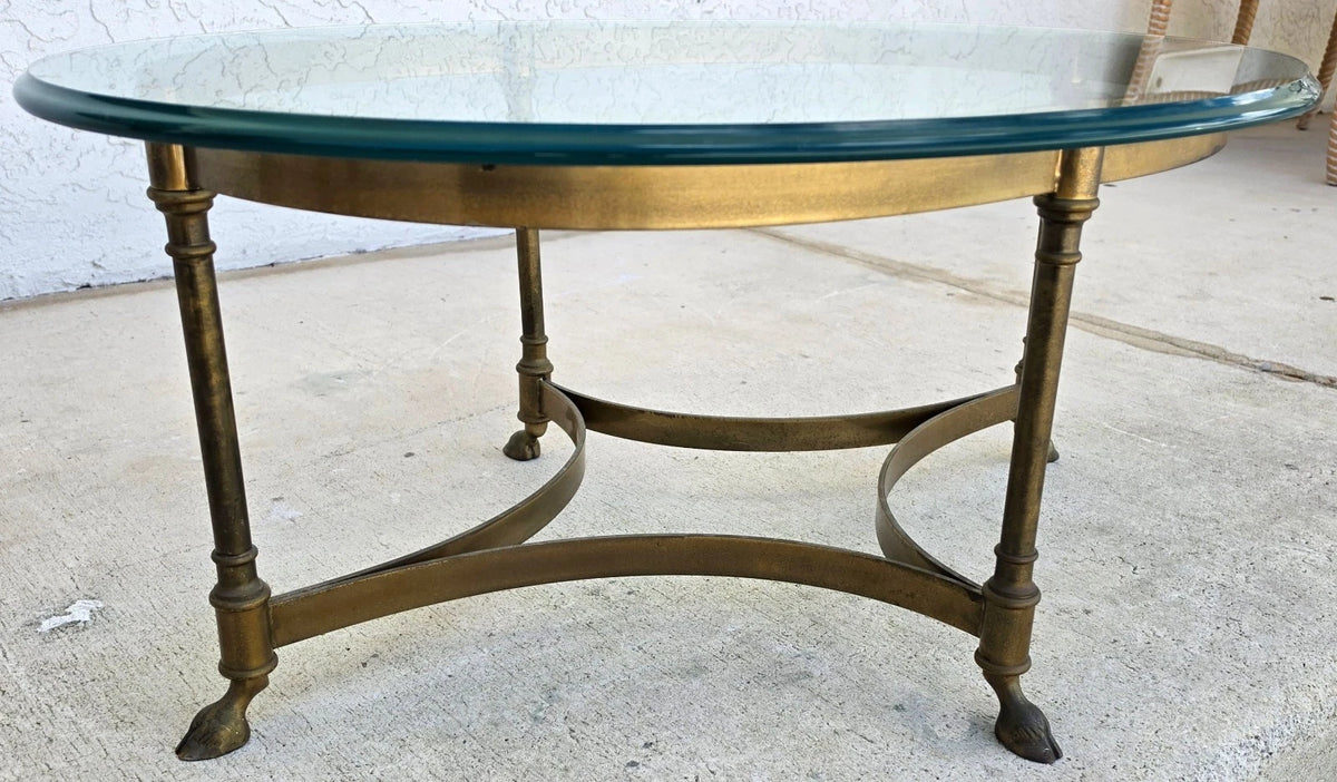 Vintage LaBarge Oval Brass Hoof Footed Glass Top Coffee Table Neoclassical