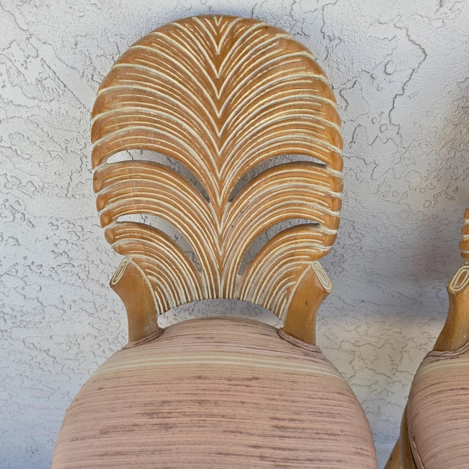 Vintage Venetian Grotto Style Carved Wood Palm Leaf Barstools Set of 2