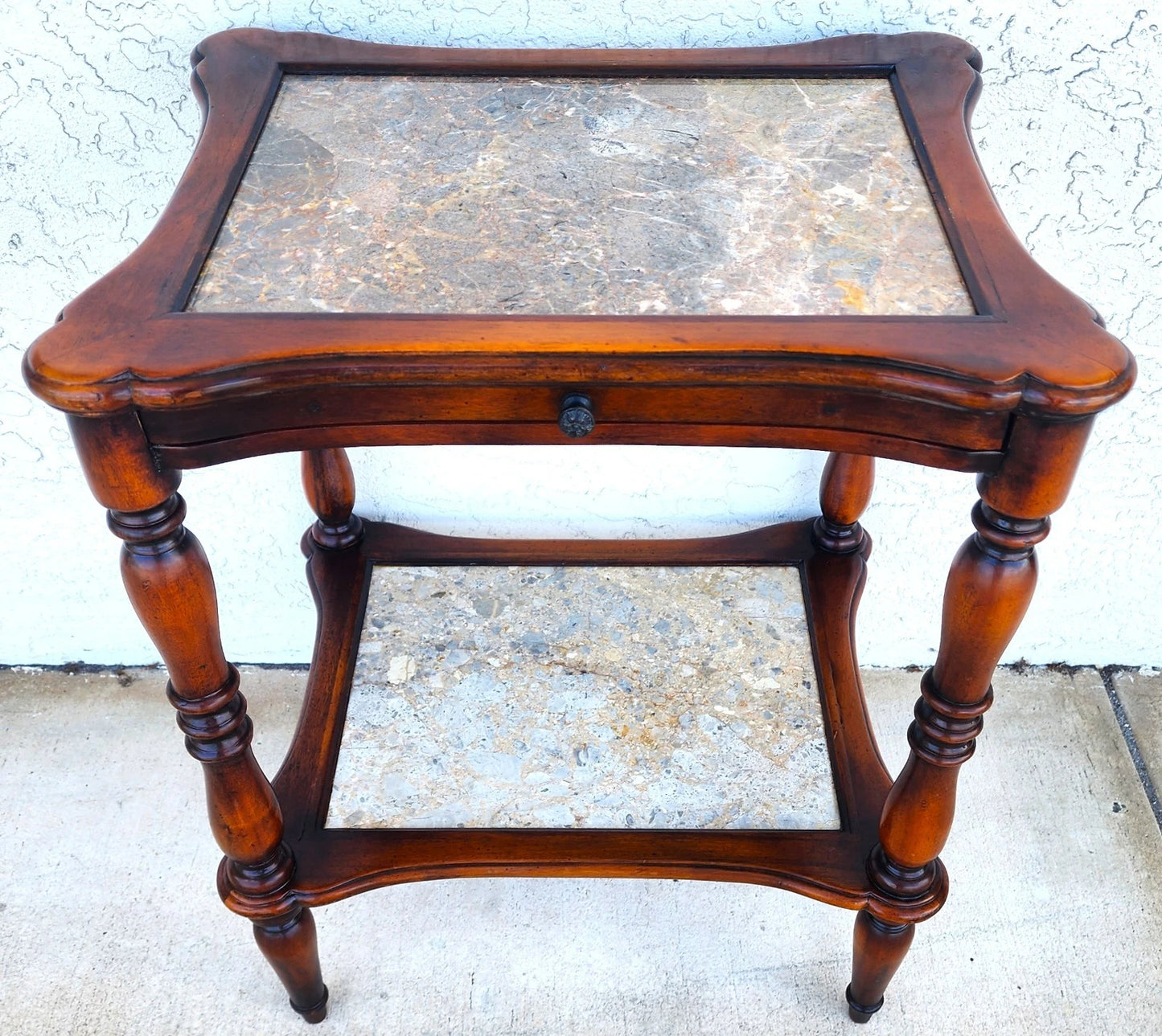Theodore Alexander 2 Tier Mahogany & Marble Side Lamp Table With Pullout Top