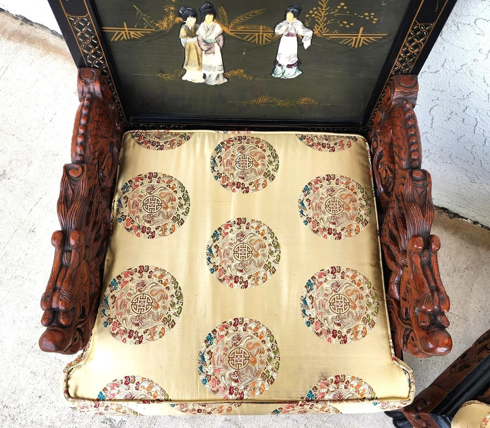 Chinese Hand-Carved Dragon Throne Armchairs Pair